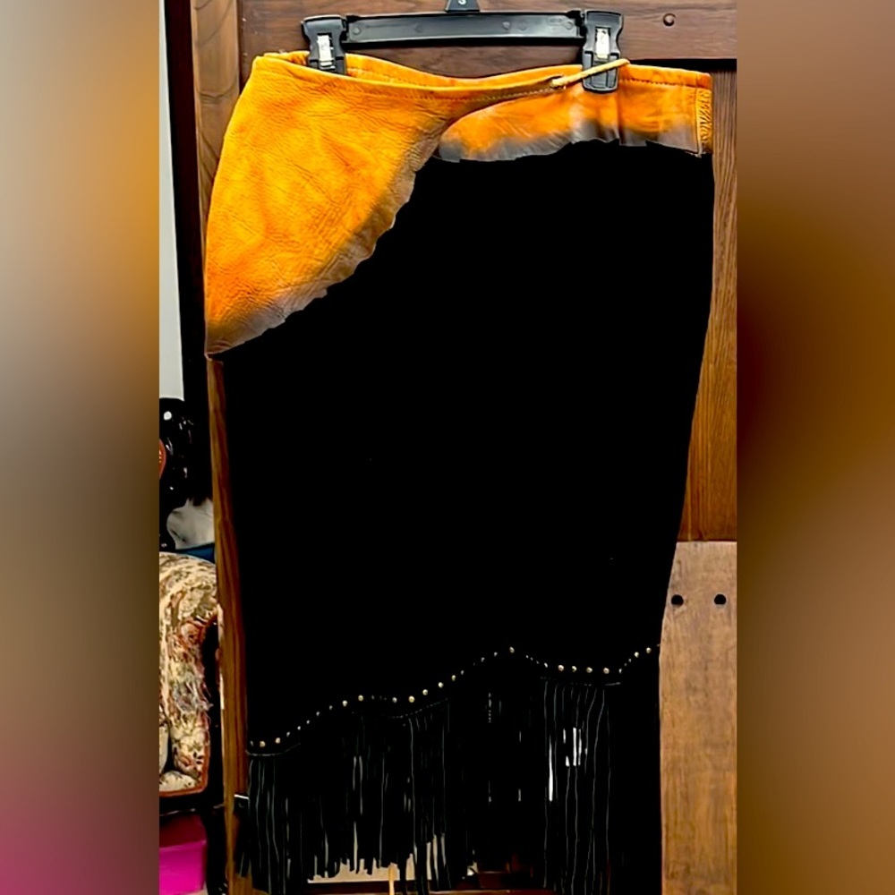 Leather & Swede black & tan wrap around fringe skirt